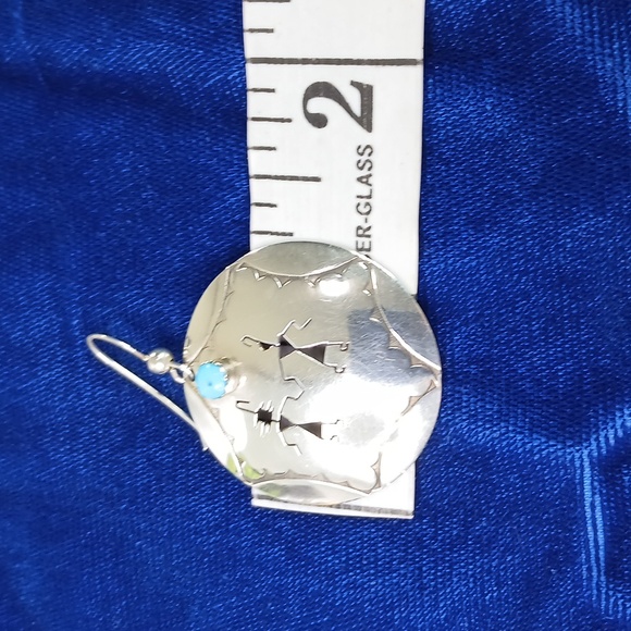 Native American Hook Earrings Sterling Silver Cut Out Figures and Turquoise - Picture 8 of 12